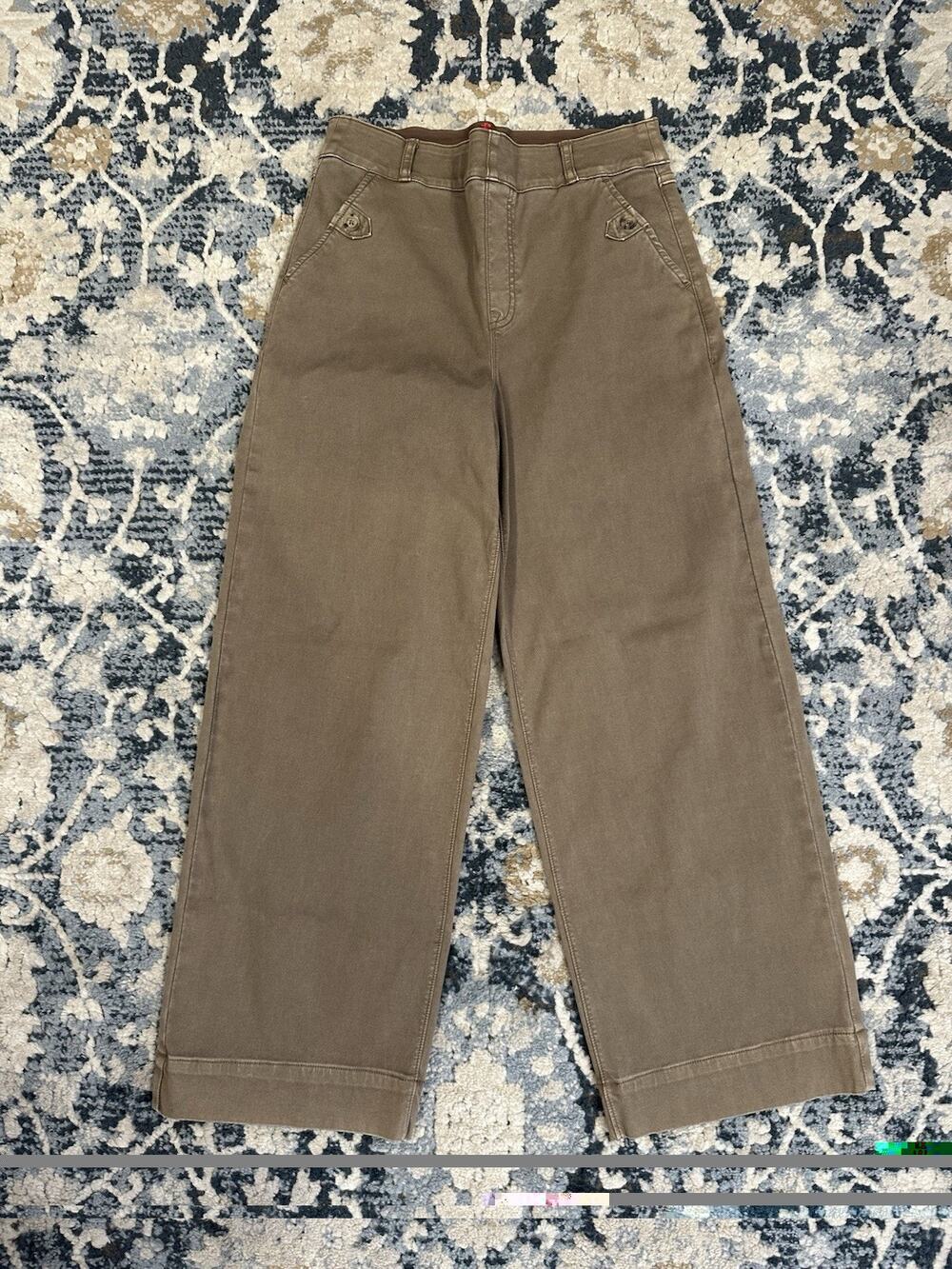 SPANX Twill Cropped Pants Wide Leg Smoke Brown High Rise Medium Pockets Stretch